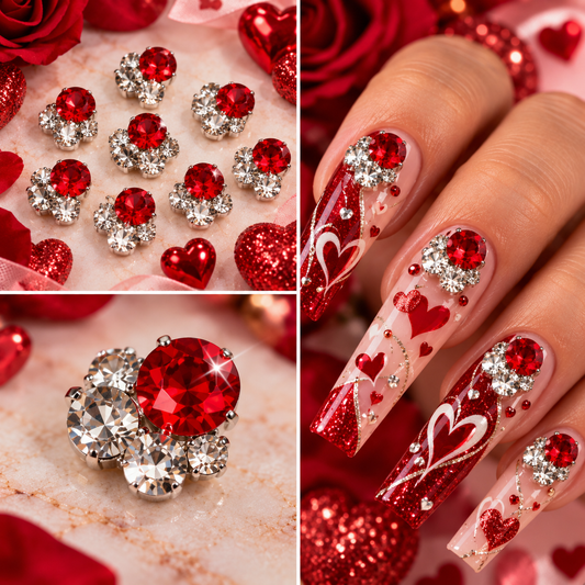 Queen - Nail Charms 10pc - #193 Ruby Red Crystals & White Crystal Cluster