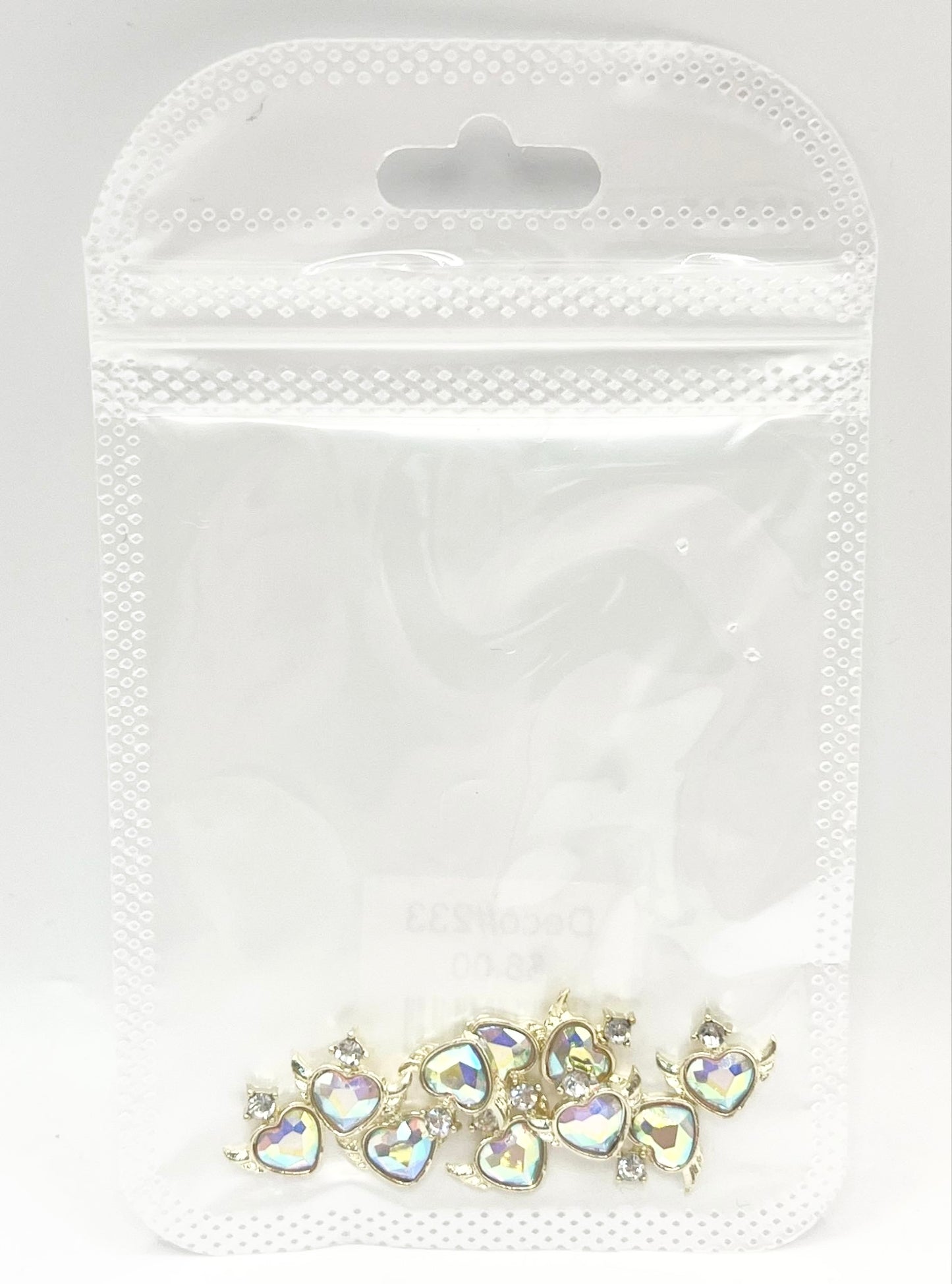 Queen - Nail Charms 10pc - #233 Gold Winged Iridescent Heart Crystals