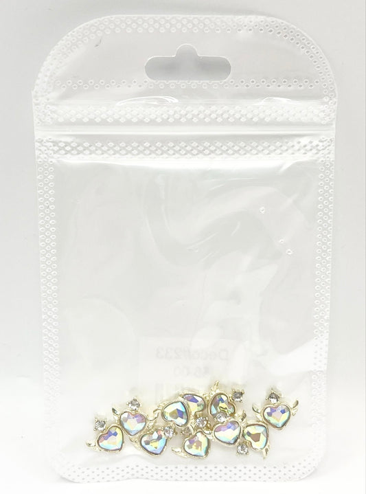 Queen - Nail Charms 10pc - #233 Gold Winged Iridescent Heart Crystals