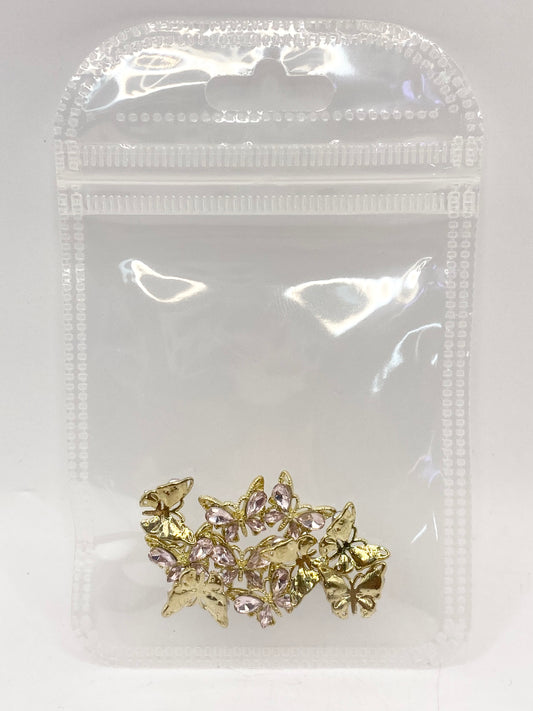 Queen - Nail Charms 10pc - #028 Gold Pink Crystal Butterflies