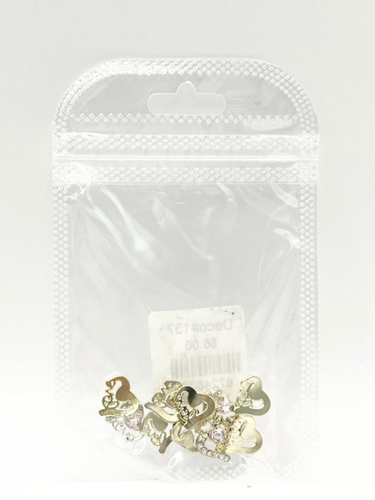 Queen - Nail Charms 10pc - #134 Gold Hearts with Clear and Pink Crystals