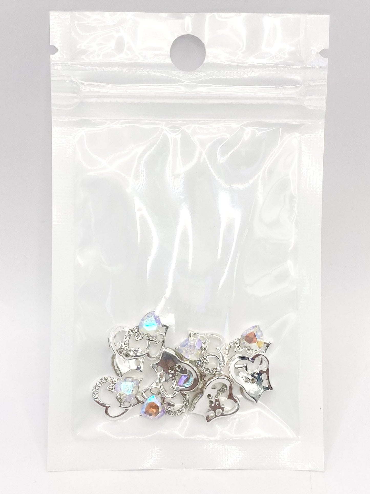 Queen - Nail Charms 10pc - #100 Silver "Love" Iridescent Crystal Hearts