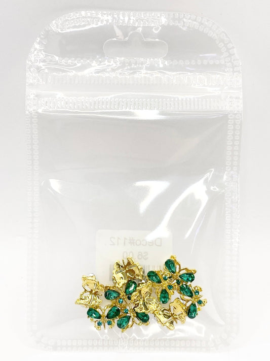 Queen - Nail Charms 10pc - #112 Gold Dark Green Gem Butterflies