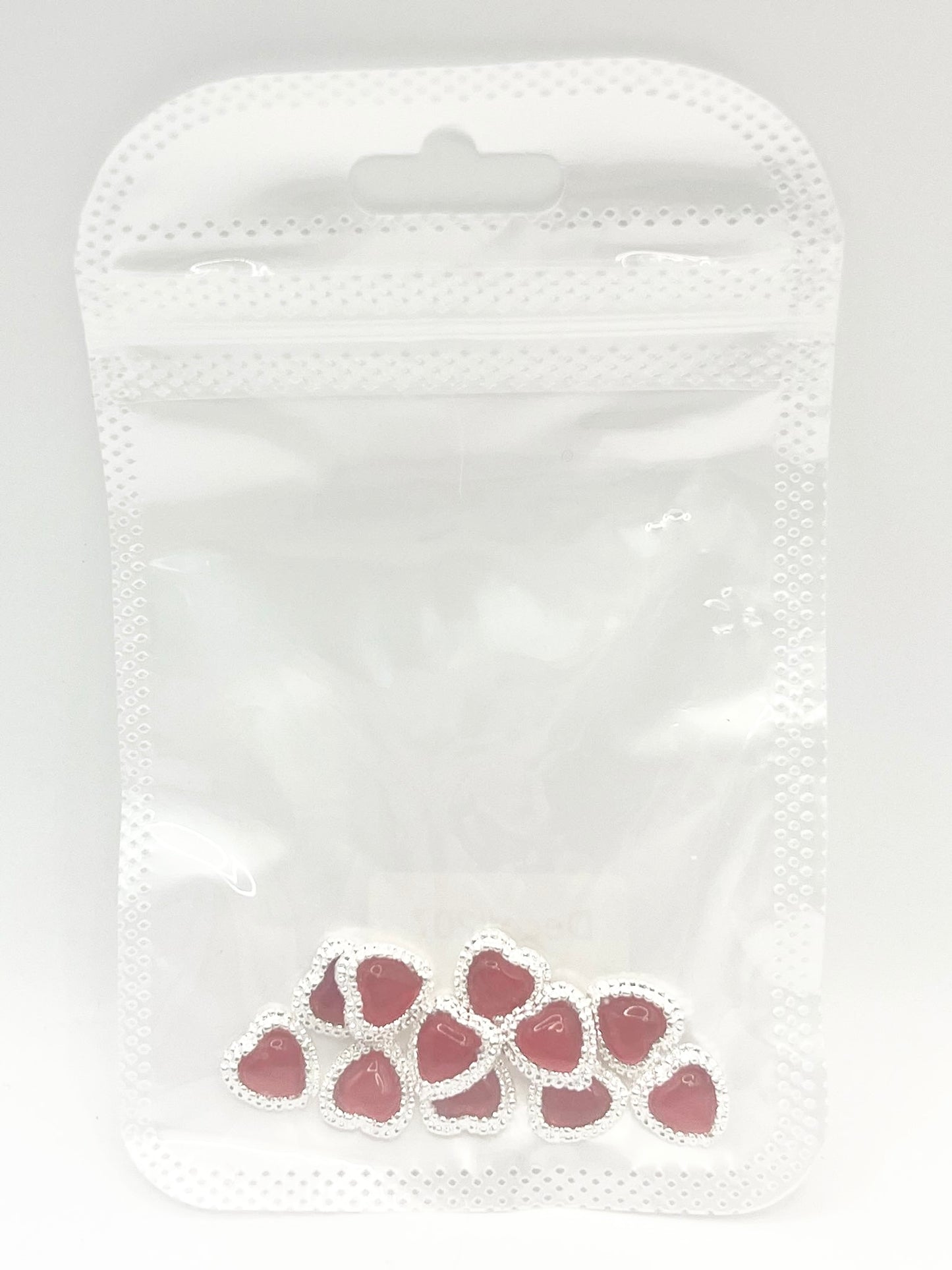 Queen - Nail Charms 10pc - #207 Silver Red Hearts with Surrounded Beads