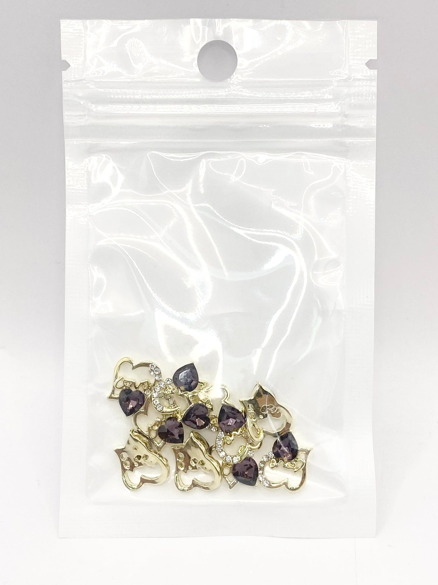 Queen - Nail Charms 10pc - #082 Gold "Love" Smokey Crystal Hearts