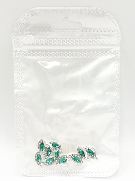 Queen - Nail Charms 10pc - #227 Silver Green Leafs with Crystals