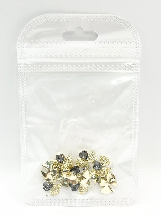 Queen - Nail Charms 10pc - #170 Gold Bows with Smoky Heart Gem