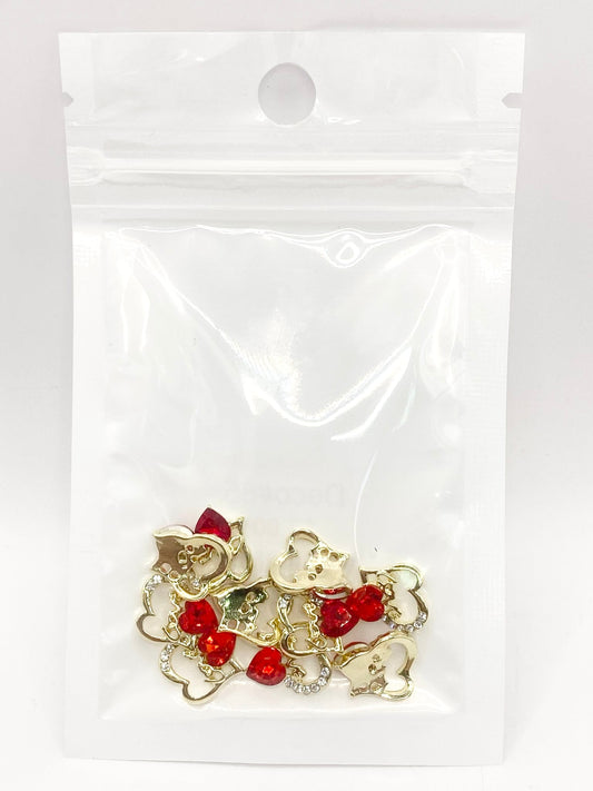 Queen - Nail Charms 10pc - #085 Gold "Love" Red Crystal Hearts