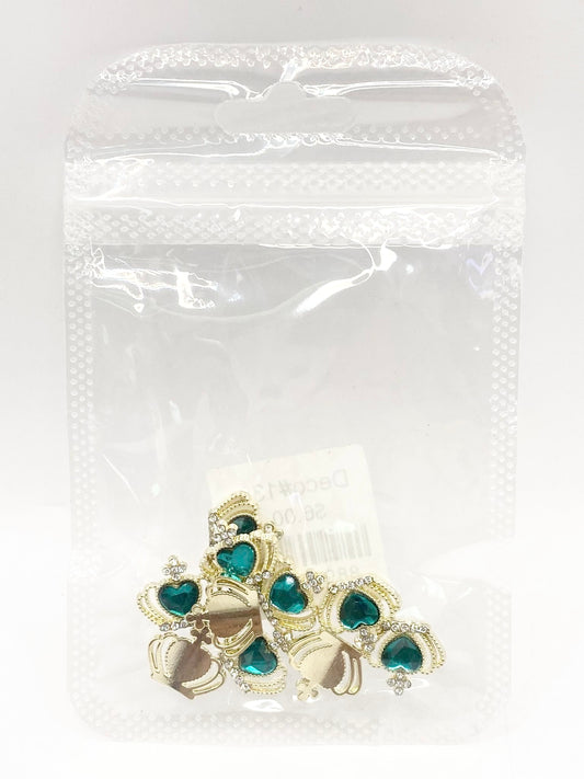 Queen - Nail Charms 10pc - #138 Gold Green Heart Crowns