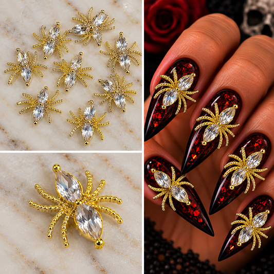 Queen - Nail Charms 10pc - #403 Gold Spiders white rhinestones