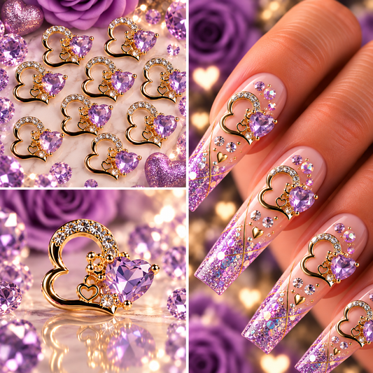 Queen - Nail Charms 10pc - #080 Gold "Love" Blue Crystal Hearts
