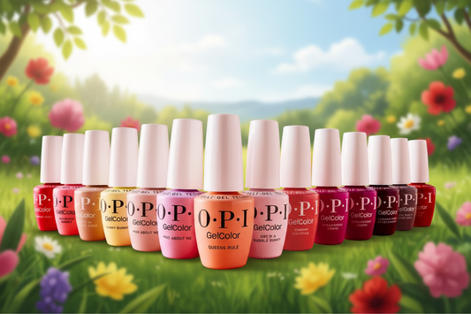 Row of OPI nail polish bottles in various colors on a white background