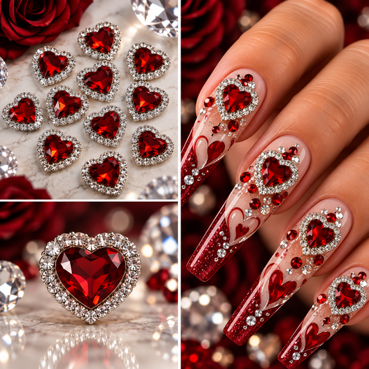 Queen - Nail Charms 10pc - #055 Ruby Red Hearts Silver