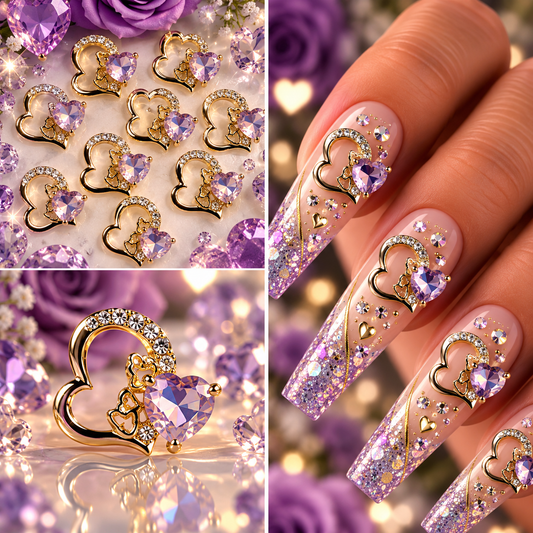 Queen - Nail Charms 10pc - #086 Gold "Love" Iridescent Crystal Hearts