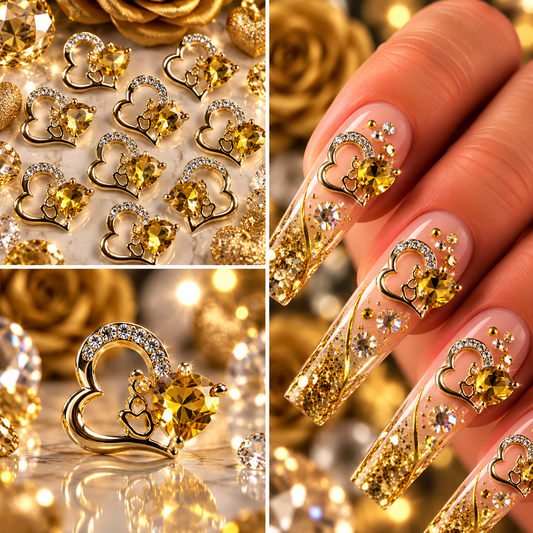 Queen - Nail Charms 10pc - #081 Gold "Love" Yellow Crystal Hearts
