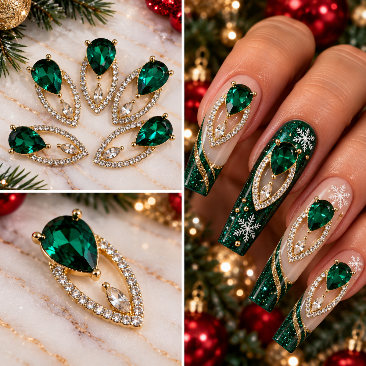 Queen - Nail Charms 5pc - #187 Gold Green Gem Fingernail Charms with Crystals Outline