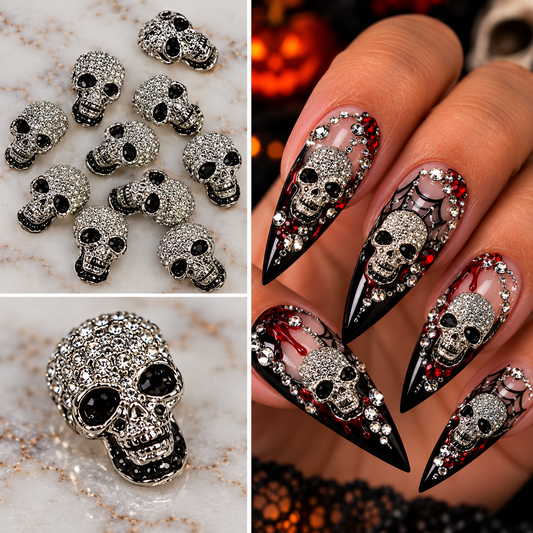 Queen - Nail Charms 10pc - #393 Silver Skulls with Black Sockets