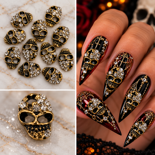 Queen - Nail Charms 10pc - #396 Gold Skulls with Plus Cross