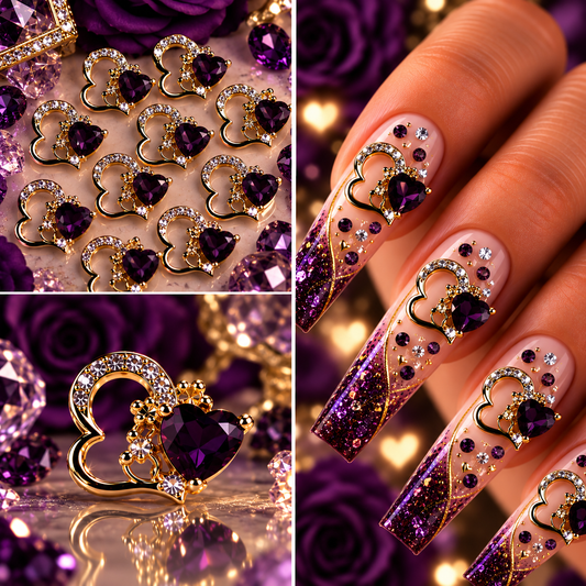 Queen - Nail Charms 10pc - #082 Gold "Love" Smokey Crystal Hearts