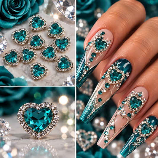 Queen - Nail Charms 10pc - #057 Silver Teal Hearts