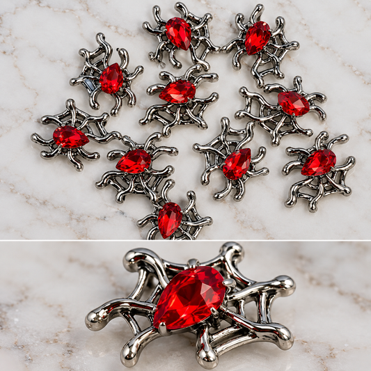 Queen - Nail Charms 10pc - #407 Silver Red Gem Spider Webs
