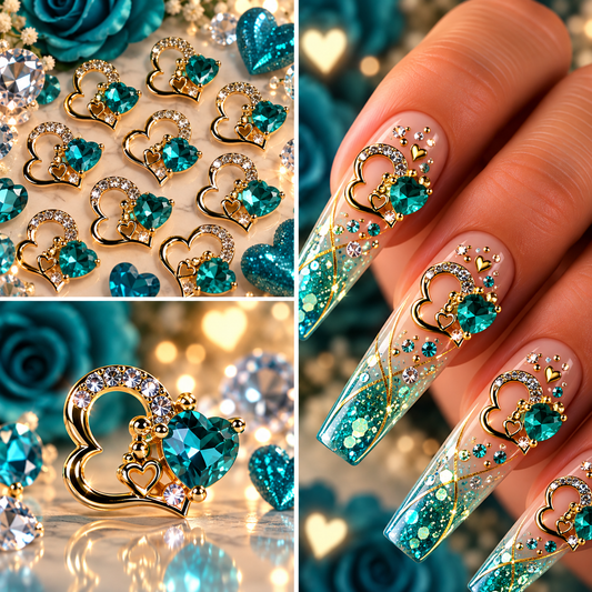 Queen - Nail Charms 10pc - #083 Gold "Love" Teal Crystal Hearts