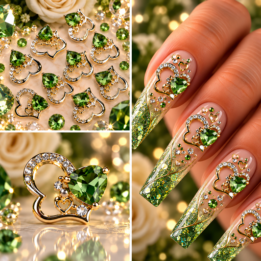 Queen - Nail Charms 10pc - #087 Gold "Love" Green Crystal Hearts