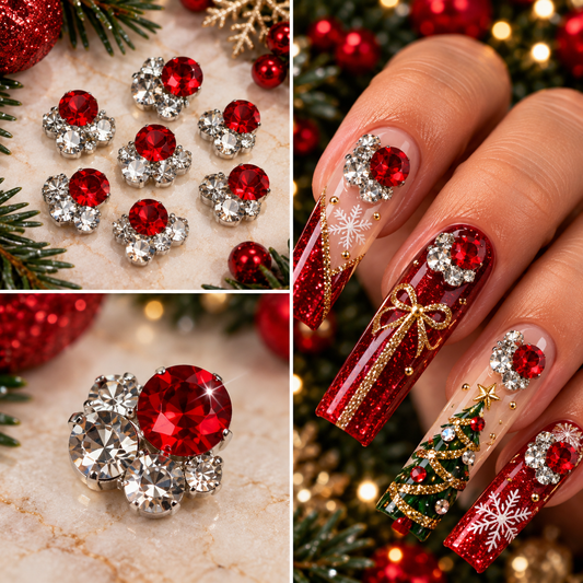 Queen - Nail Charms 10pc - #193 Ruby Red Crystals & White Crystal Cluster