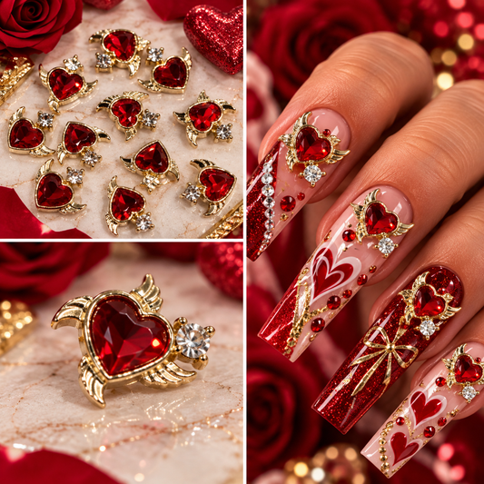 Queen - Nail Charms 10pc - #234 Ruby Red Wings Hearts