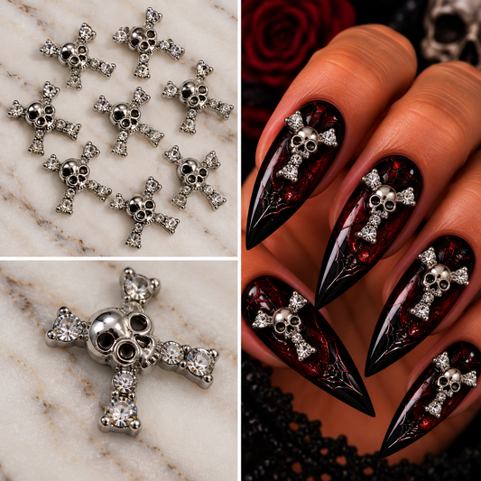 Queen - Nail Charms 10pc - #390 Silver Skull Crosses