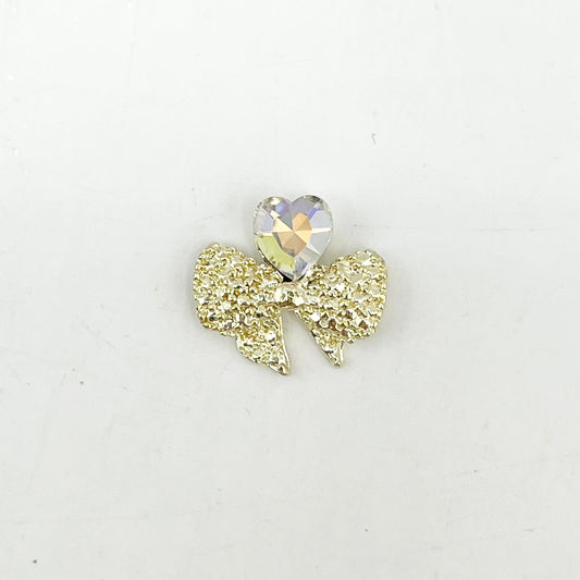 Queen - Nail Charms 10pc - #166 Gold Bows with Iridescent Heart Gem