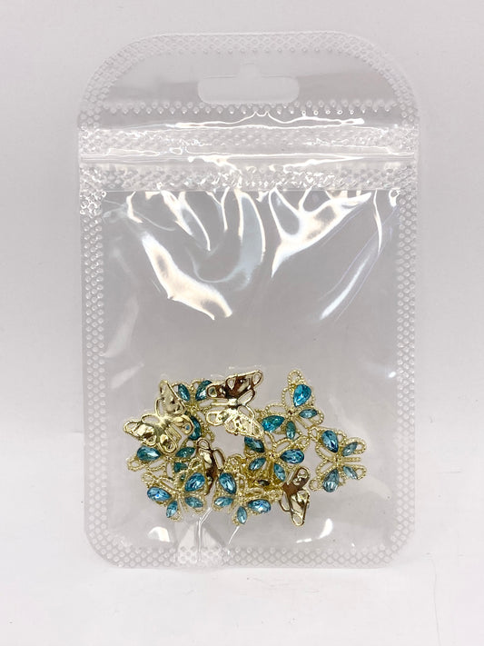 Queen - Nail Charms 10pc - #034 Gold Teal Crystal Butterflies