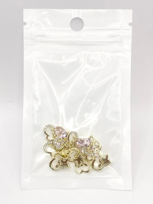 Queen - Nail Charms 10pc - #089 Gold "Love" Pink Crystal Hearts