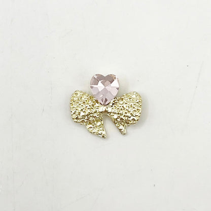 Queen - Nail Charms 10pc - #168 Gold Bows with Pink Heart Gem