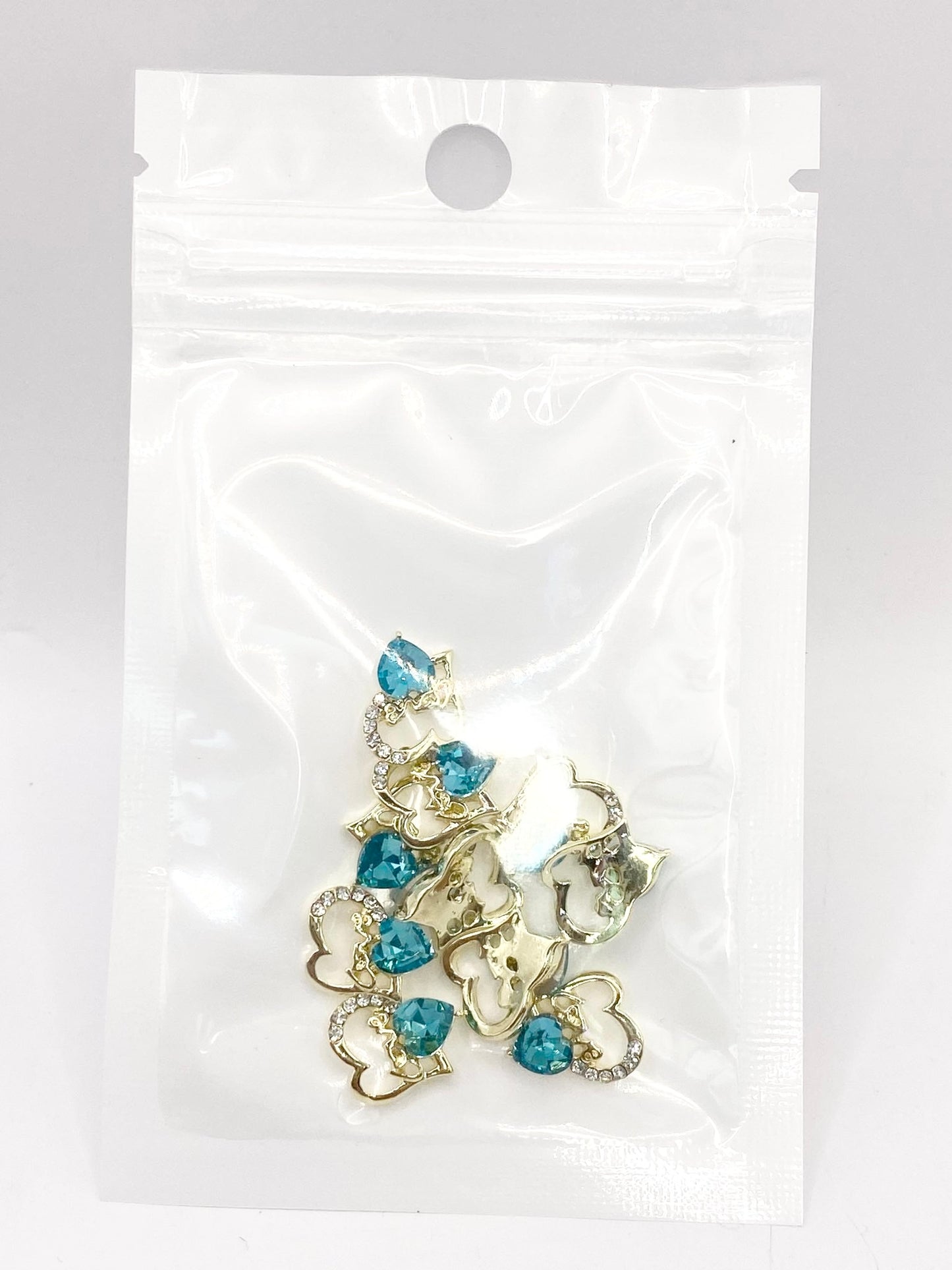 Queen - Nail Charms 10pc - #083 Gold "Love" Teal Crystal Hearts