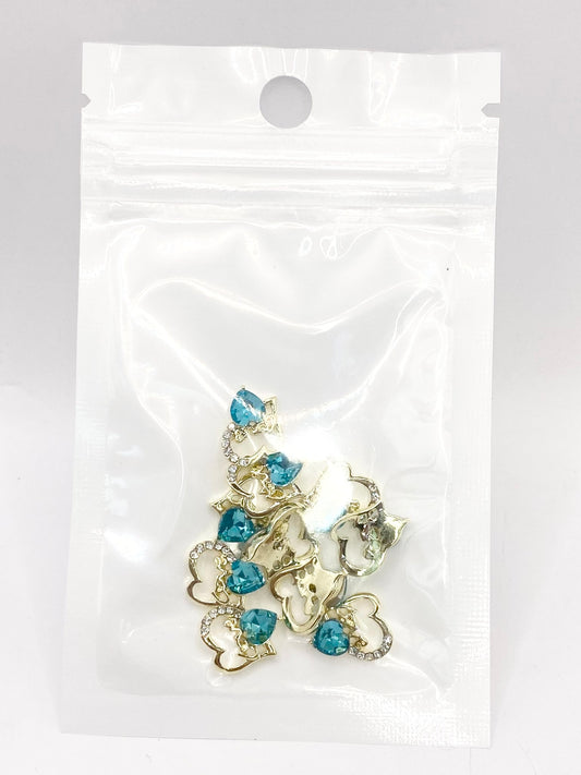 Queen - Nail Charms 10pc - #083 Gold "Love" Teal Crystal Hearts