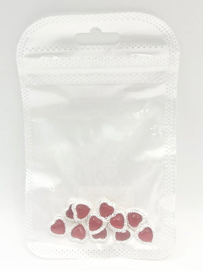 Queen - Nail Charms 10pc - #207 Silver Red Hearts with Surrounded Beads