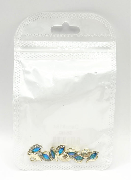 Queen - Nail Charms 10pc - #184 Gold Blue Iridescent Leafs with Crystals
