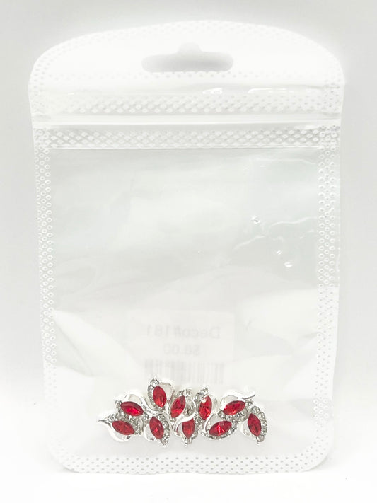 Queen - Nail Charms 10pc - #181 Silver Red Leafs with Crystals