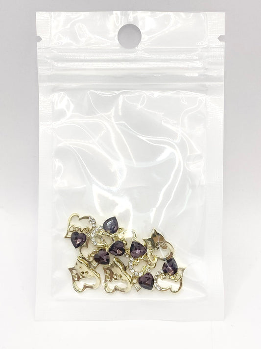 Queen - Nail Charms 10pc - #082 Gold "Love" Smokey Crystal Hearts