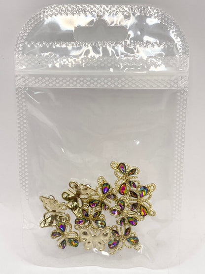 Queen - Nail Charms 10pc - #035 Gold Dark Iridescent Crystal Butterflies