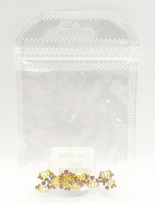 Queen - Nail Charms 10pc - #360 Gold Pink Stone Crowns
