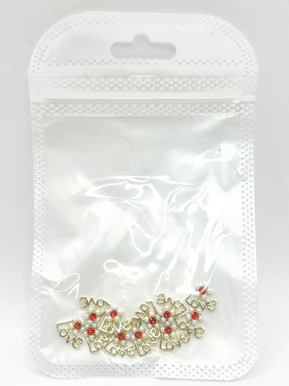 Queen - Nail Charms 10pc - #223 Gold “Love” Red Flowers