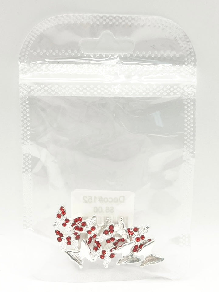 Queen - Nail Charms 10pc - #149 Silver Butterflies w/ Red Stones
