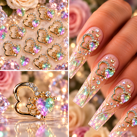 Queen - Nail Charms 10pc - #088 Gold "Love" Iridescent Crystal Hearts