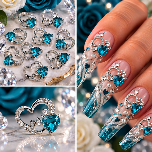 Queen - Nail Charms 10pc - #098 Silver "Love" Teal Crystal Hearts