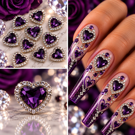 Queen - Nail Charms 10pc - #052  Purple Hearts Gold