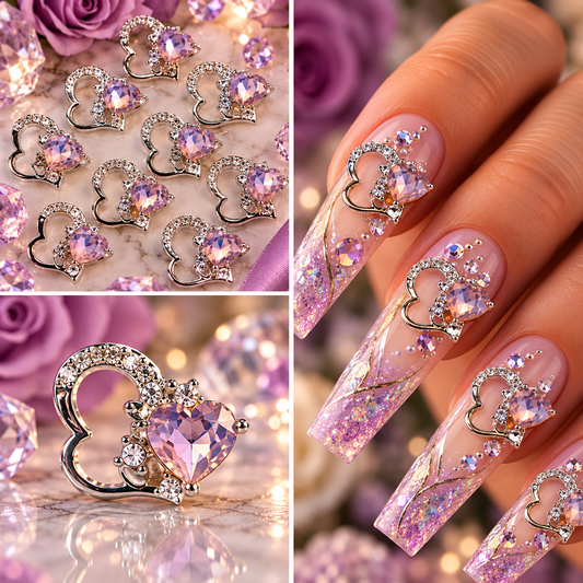 Queen - Nail Charms 10pc - #091 Silver "Love" Pink Crystal Hearts