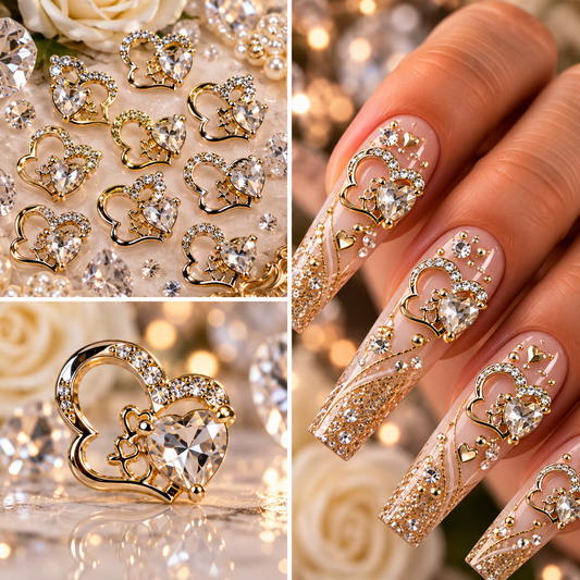 Queen - Nail Charms 10pc - #090 Gold "Love" White Crystal Hearts
