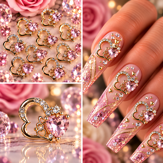 Queen - Nail Charms 10pc - #089 Gold "Love" Pink Crystal Hearts